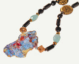 long necklace of onyx, Venetian glass, vermeil, 14 carat gf, with vintage Swarovski crystals and abstract modern art pendant