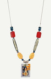Necklace with onyx, coral, vintage Swarovski, modern Venetian glass, vermeil and Thai hill silver, on silk cord